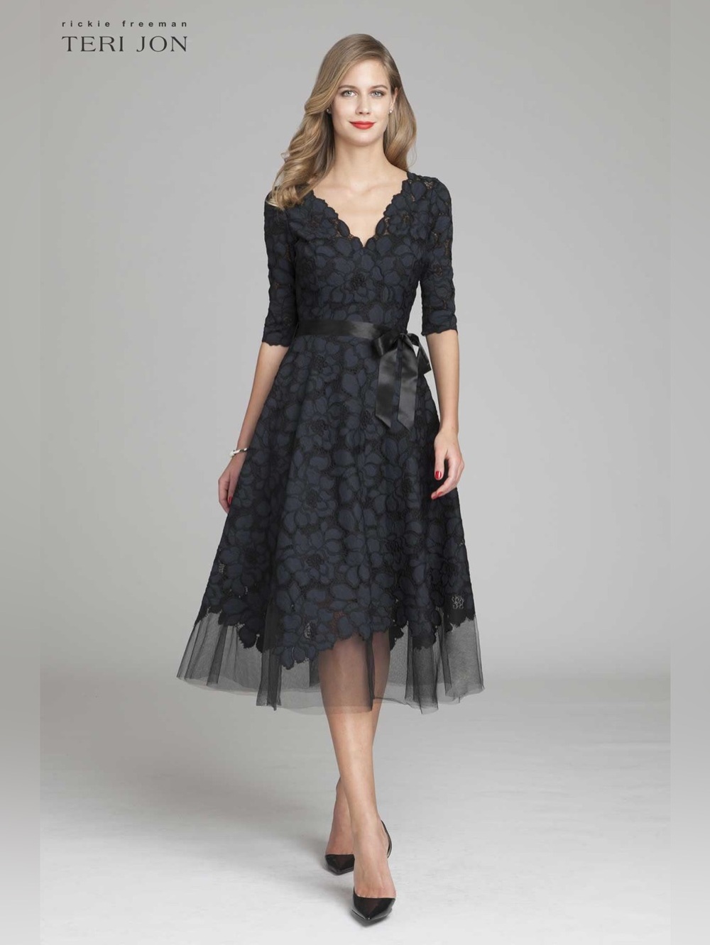 ❤️ Ricki Freeman by Terri Jon - 3/4 Sleeve Lace And Tulle Fit And Flare Dress